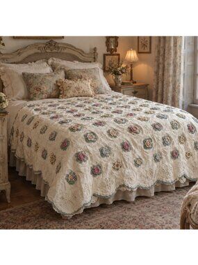 Vintage JCP Home Collection Floral Embroidered Quilt Crochet 3D Flowers Scallope